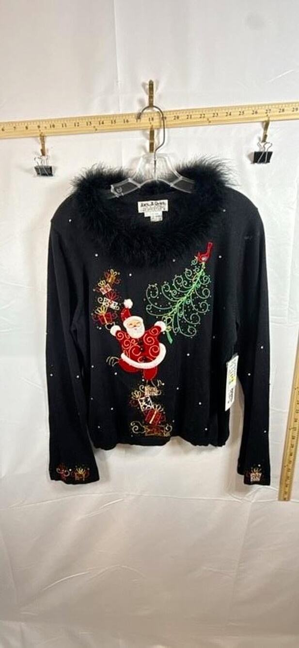 Jack B Quick Vintage Christmas Sweater L Black Santa Faux Fur Collar NWT Ramie